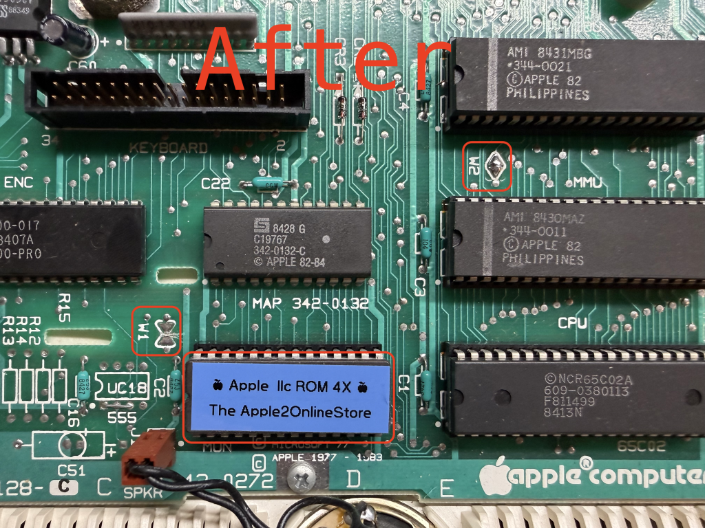 a closeup of an Apple //c motherboard. "After" appears in large red text at the top of the image. w1 is cut and w2 is bridged. a ROM chip shows the text "Apple //c ROM 4x the apple2onlinestore"