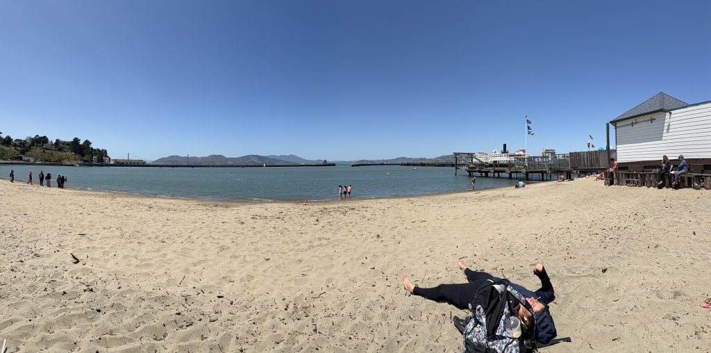 a panoramic photo of a beach. the Golden Gate Bridge is visible in the distance