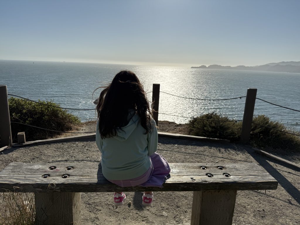 a girl sits on a bench looking out at the ocean