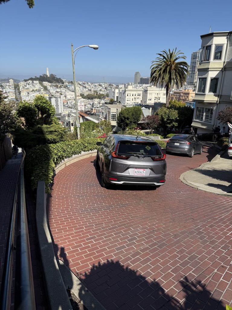 a windy brick road runs down a hill. cars are driving on it