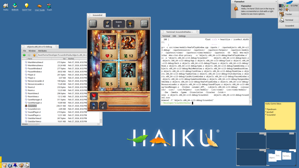 scoundrel solitaire running on a haiku desktop. the game is surrounded by a tracker window and a terminal window