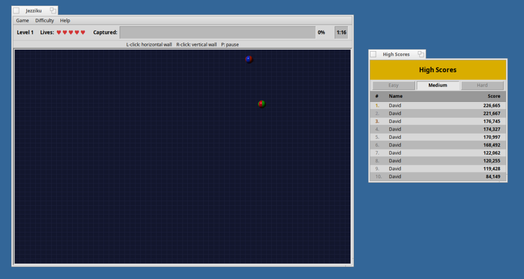 jezzball clone running on haiku. there is a high score window next to the game