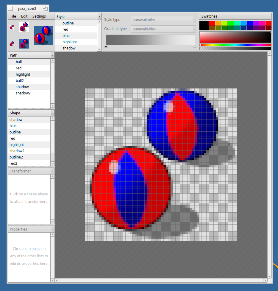 icon-0-matic window in haiku os. an icon resembling two striped balls is being designed
