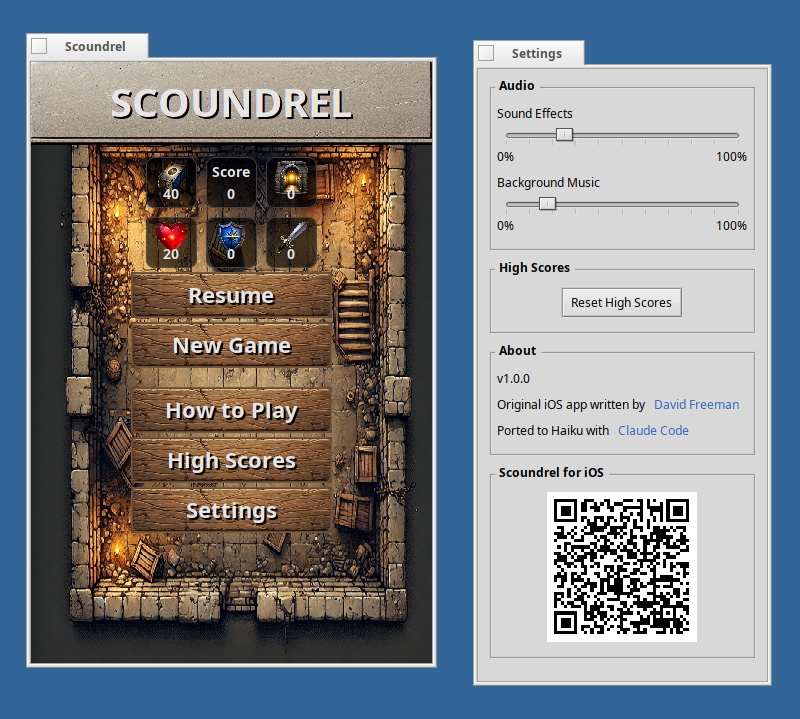 scoundrel solitaire running on haiku. a settings window is open next to the game