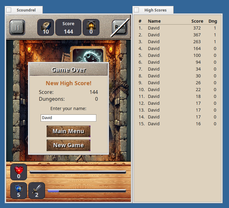 scoundrel solitaire running on haiku. a high scores window is open next to the game