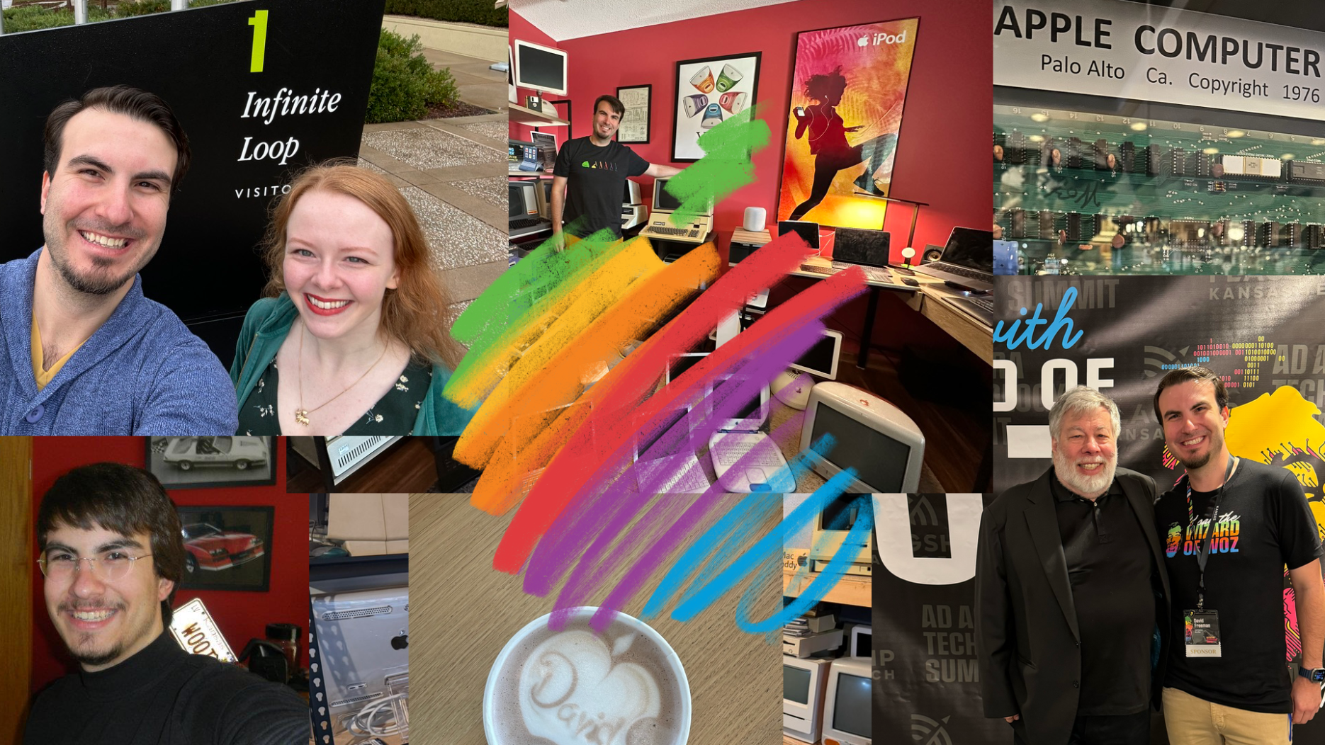 a collage of apple-related photos. an apple logo is on top of the images. david and alexis at 1 infinite loop. david standing with his apple computer collection, an apple 1 computer, david in a steve jobs turtleneck and glasses, a latte with an apple drawn in the foam, david with steve wozniak