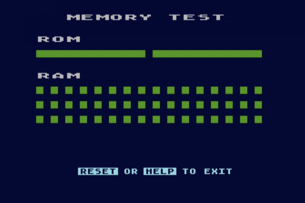 the text "MEMORY TEST ROM RAM". under ROM is two green bars. under RAM is several green dots
