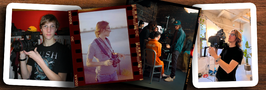 four images of stephen szmed holding cameras