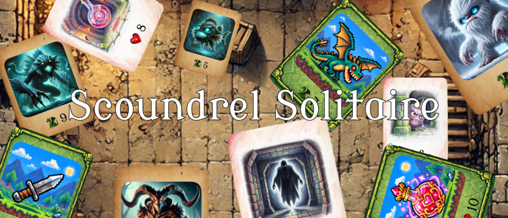 the text "Scoundrel Solitaire" appears over a dungeon background. several cards depicting monsters, weapons, and potions are scattered around