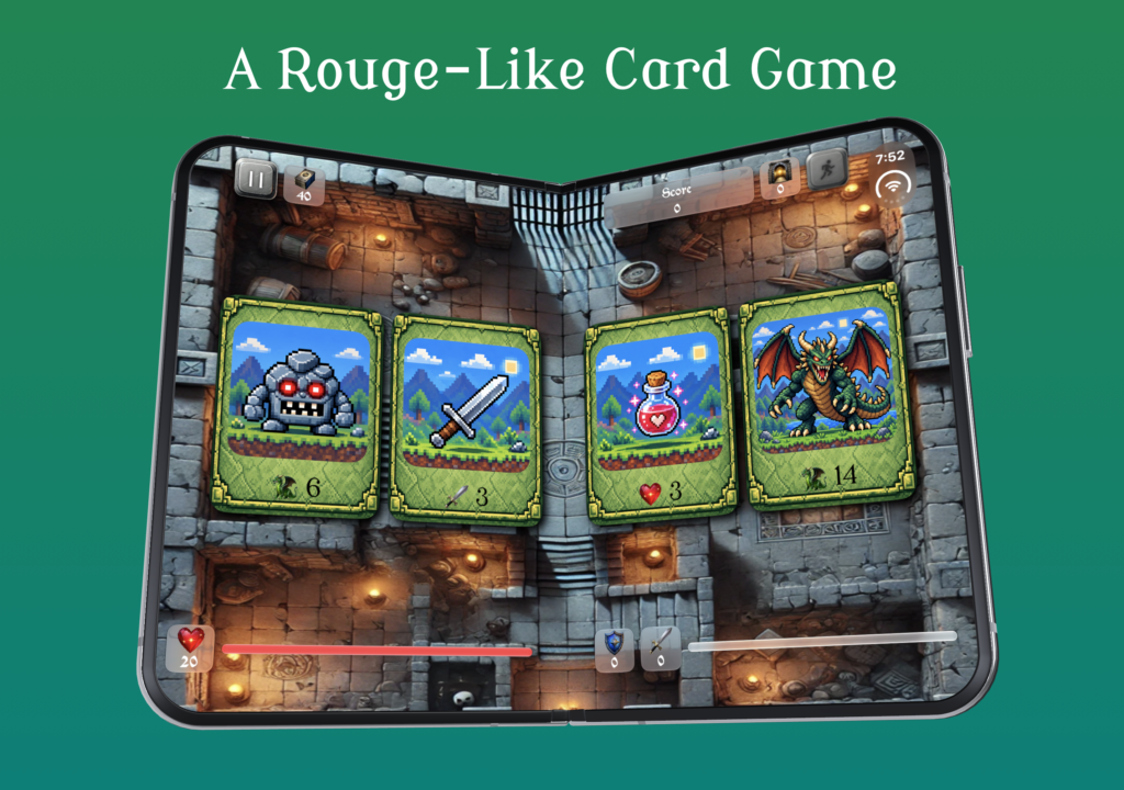 an iphone duo running scoundrel solitaire with the text "A Rogue-Like Card Game" above it