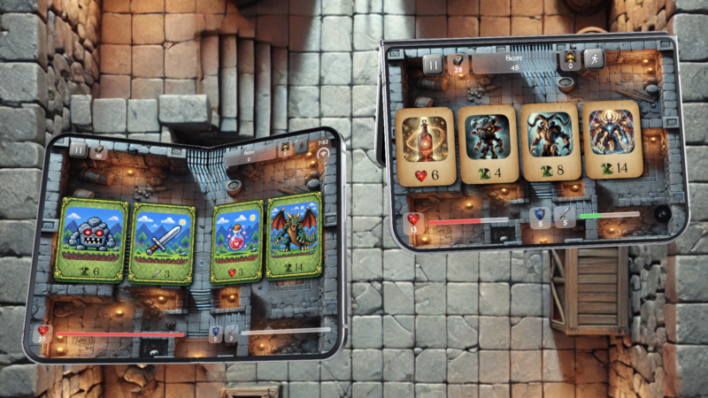 a dungeon background with two iPhone duos displayed. both iPhones are running scoundrel solitaire