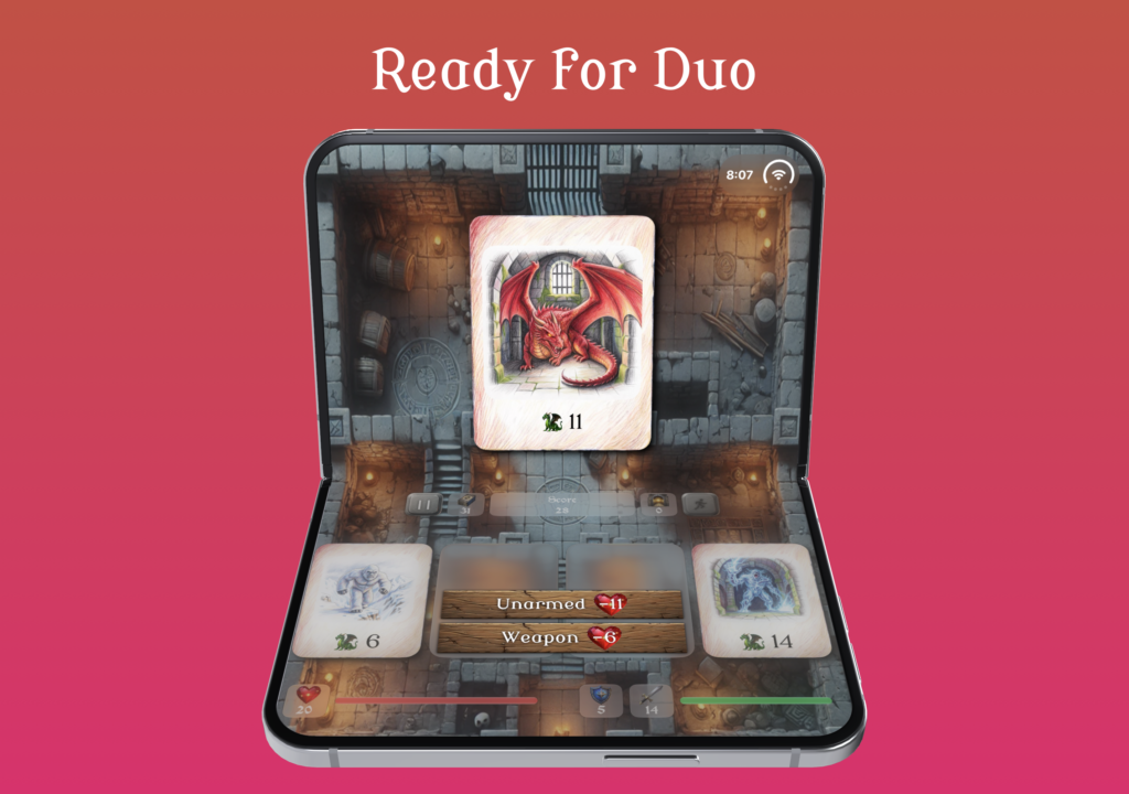 An iphone duo running scoundrel solitaire with the text "Ready for Duo" above it