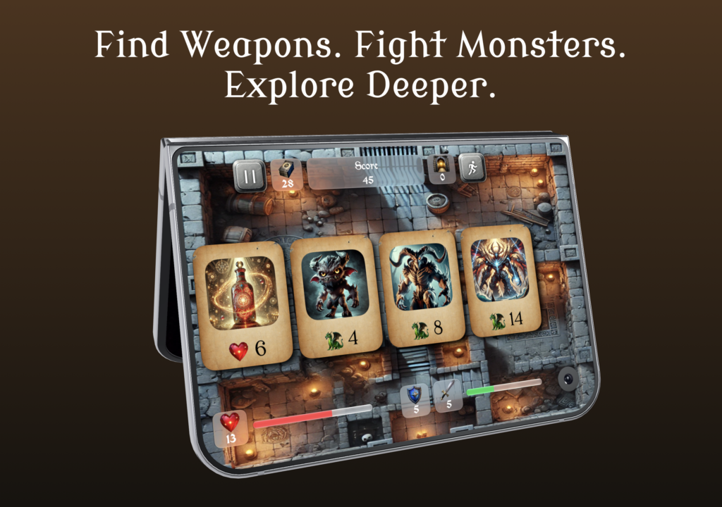 an iphone duo running scoundrel solitaire with the text "Find Weapons. Fight Monsters. Explore Deeper." above it