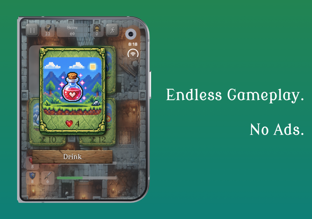 an iphone duo running scoundrel solitaire with the text "Endless Gameplay. No ads." next to it