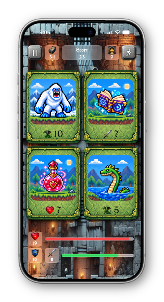 iPhone showing a card game. four cards are presented in front of a dungeon background. Two depicting monsters, one depicting a health potion, and one depicting a magic spell book