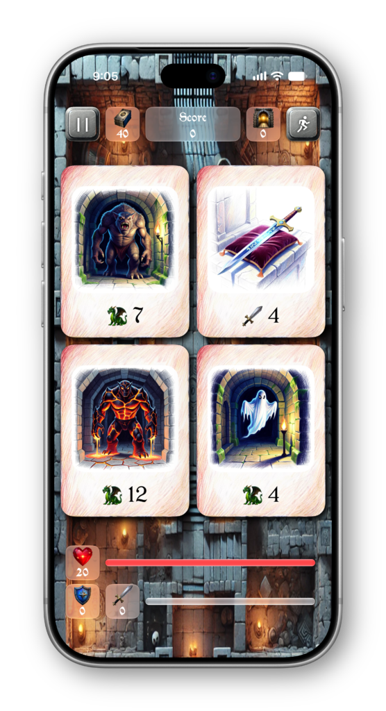 iPhone showing a card game. four cards are presented in front of a dungeon background. Three depicting monsters, and one depicting a sword
