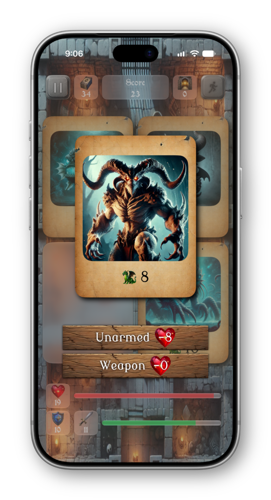 iPhone showing a card game. a card showing an monster is selected with the options "Unarmed" and "Weapon" being presented.